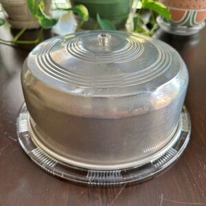 Vintage Glass Cake Plate w/ Aluminum Cover 40's 50's Era Collectible Cottagecore